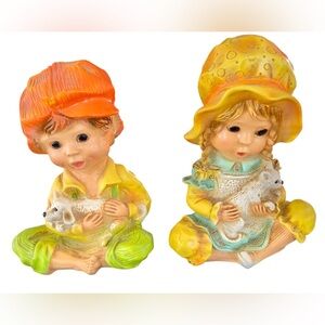 Vintage Universal Statuary Figurines #293 Boy W/ Dog & Girl W/ Cat 1974 ADORABLE